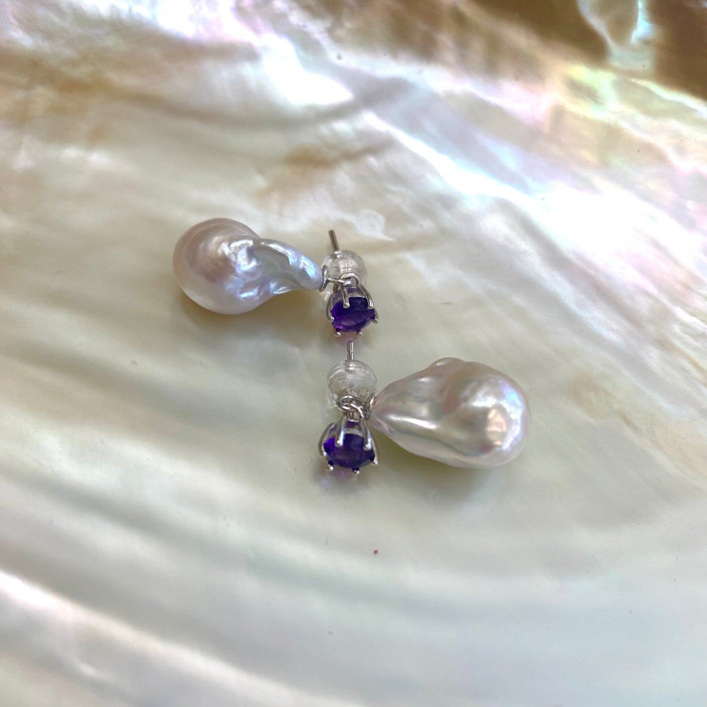 Peridot, Amethyst, or Blue Topaz Studs & Removable White Baroque Pearl Drop Earrings – Rhodium Plated Silver