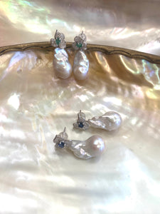 Emerald or Sapphire Studs with Removable Pearl Drops