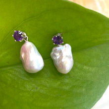 Lade das Bild in den Galerie-Viewer, Peridot, Amethyst, or Blue Topaz Studs &amp; Removable White Baroque Pearl Drop Earrings – Rhodium Plated Silver
