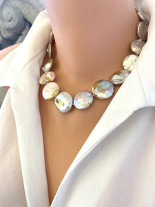 Handmade Freshwater Large Coin Pearl Necklace 22-23mm – Silver or Gold Marine Clasp – 18"– Canadian Jewelry