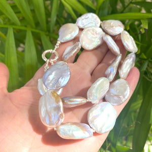 Handmade Freshwater Large Coin Pearl Necklace 22-23mm – Silver or Gold Marine Clasp – 18"– Canadian Jewelry