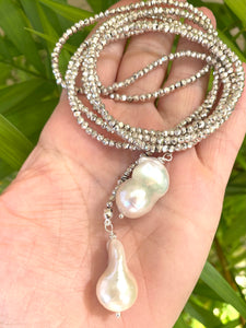 Single Strand of Silver Pyrite and Large Baroque Pearl Lariat Wrap Necklace, 45"