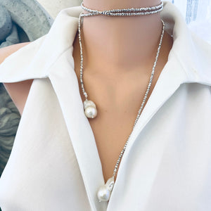 Single Strand of Silver Pyrite and Large Baroque Pearl Lariat Wrap Necklace, 45"