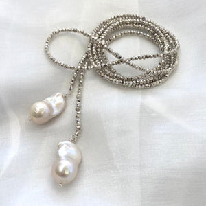 Single Strand of Silver Pyrite and Large Baroque Pearl Lariat Wrap Necklace, 45"
