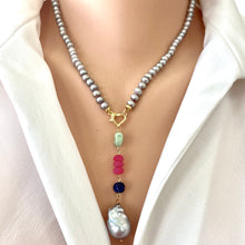 Load image into Gallery viewer, Grey Pearl Necklace, Chalcedony, Chrysoprase, Lapis &amp; Baroque Pearl Removable Pendant, Gold Vermeil, 18&quot;in
