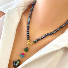 Charger l&#39;image dans la galerie, Black Pearl Necklace, Hot Pink Chalcedony, Chrysoprase &amp; Baroque Pearl Removable Pendant, Gold Vermeil Plated Silver, 18&quot;in
