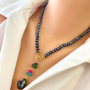 Black Pearl Necklace, Hot Pink Chalcedony, Chrysoprase & Baroque Pearl Removable Pendant, Gold Vermeil Plated Silver, 18"in