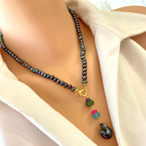 Black Pearl Necklace, Hot Pink Chalcedony, Chrysoprase & Baroque Pearl Removable Pendant, Gold Vermeil Plated Silver, 18"in