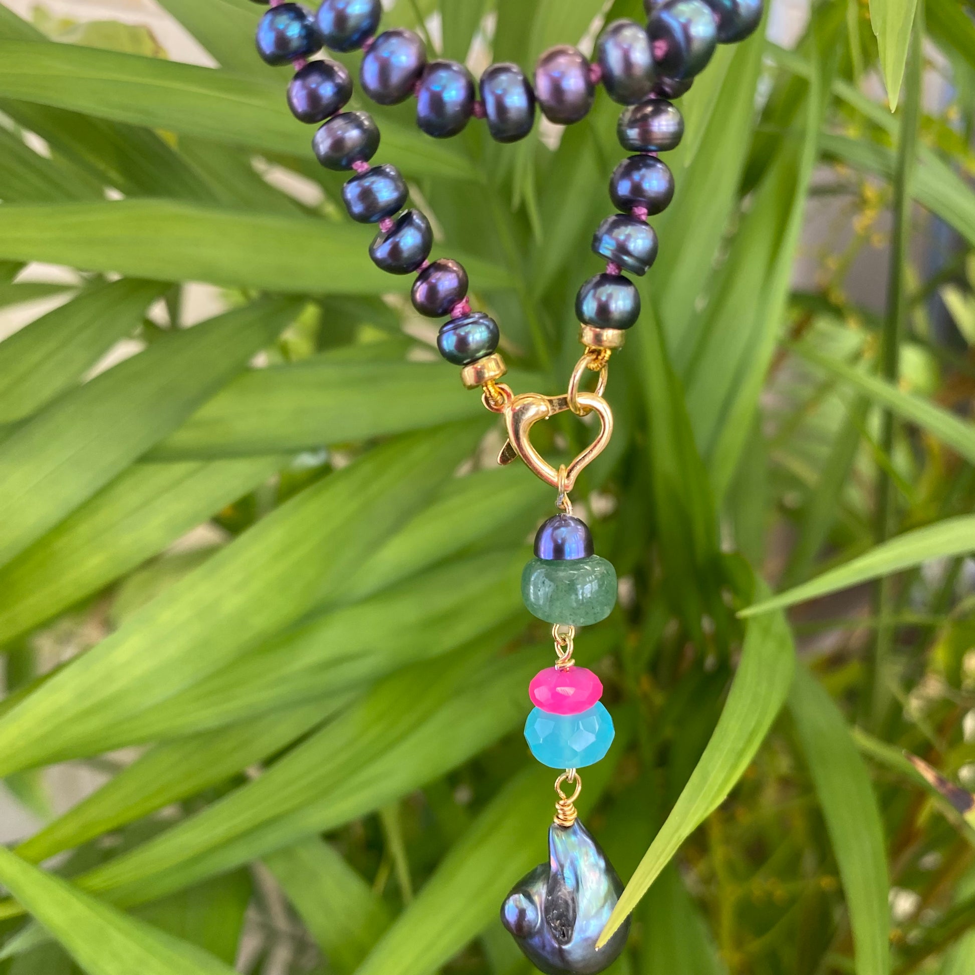 Black pearl necklace with chalcedony and chrysoprase showing baroque pearl and gemstone pendant