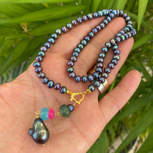 Charger l&#39;image dans la galerie, Black Pearl Necklace, Hot Pink Chalcedony, Chrysoprase &amp; Baroque Pearl Removable Pendant, Gold Vermeil Plated Silver, 18&quot;in

