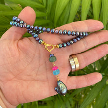 Charger l&#39;image dans la galerie, Black Pearl Necklace, Hot Pink Chalcedony, Chrysoprase &amp; Baroque Pearl Removable Pendant, Gold Vermeil Plated Silver, 18&quot;in
