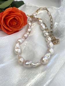Half White Baroque Pearl & Half Chunky Gold Chain Necklace