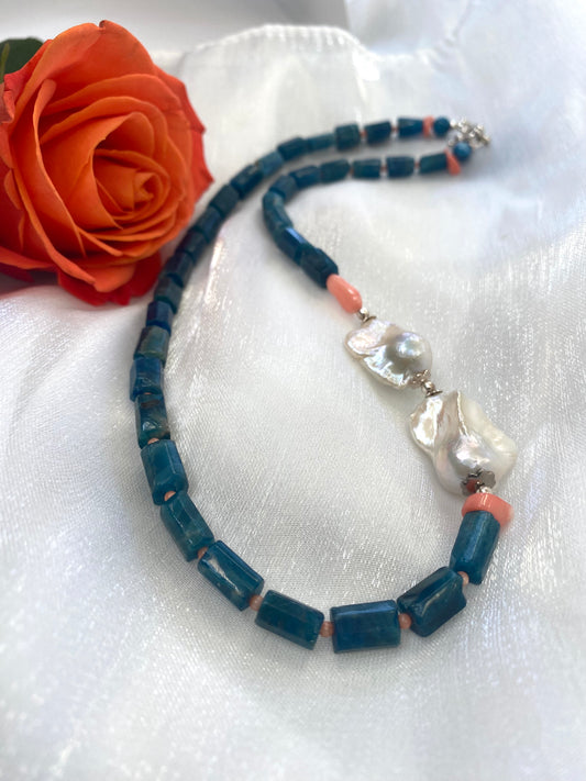 Blue apatite coral pearl necklace close-up on white background — handcrafted gemstone and baroque pearl jewelry by Loulia Pearl Jewelry
