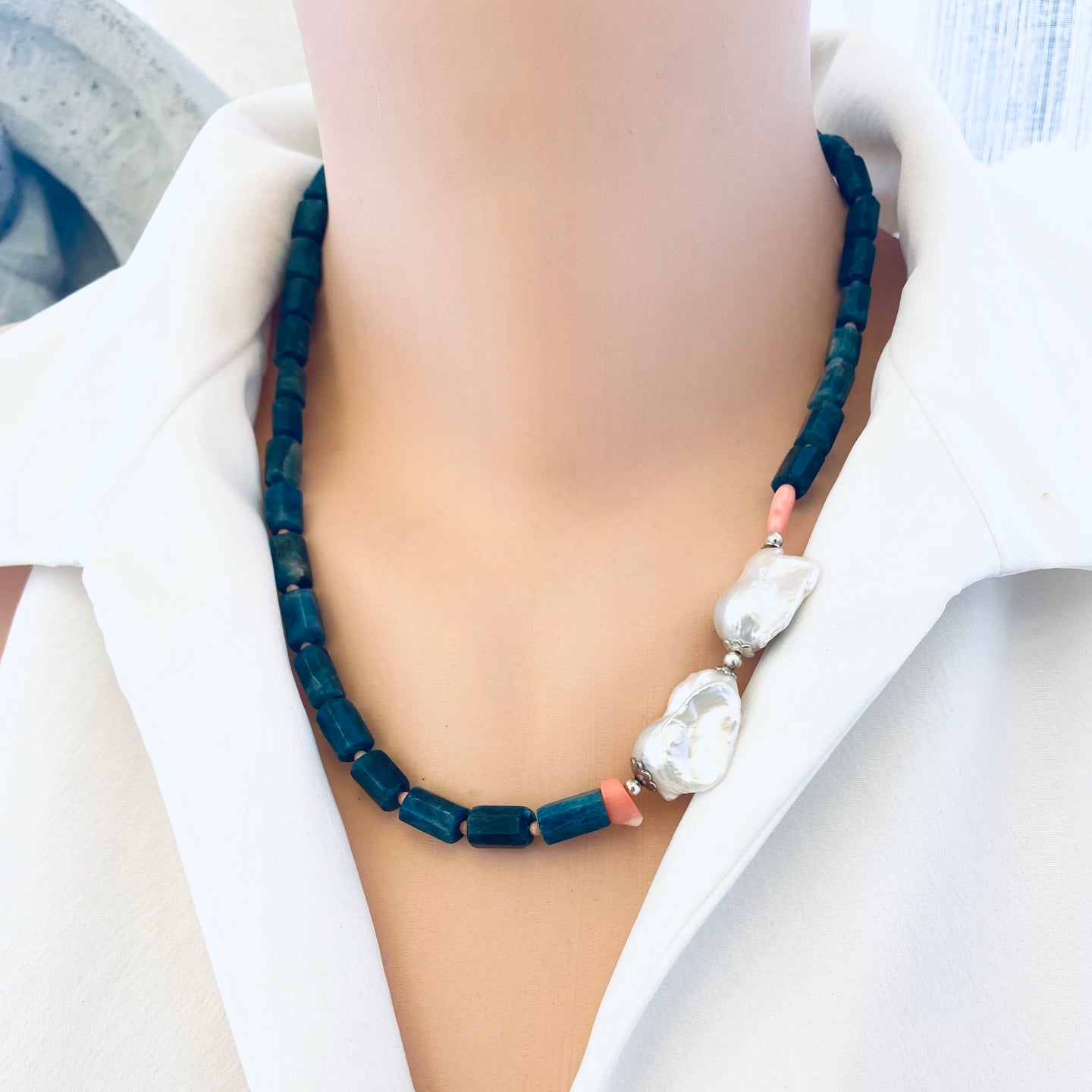 Elegant blue Apatite, Pink Coral and freshwater baroque pearl necklace handmade in Canada using natural pearls. A timeless gift and perfect everyday piece. 19.5