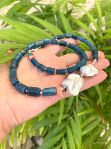 Blue Apatite, Pink Coral & Baroque Pearl Necklace | 19.5" | Sterling Silver Details | Canadian Gemstone Jewelry