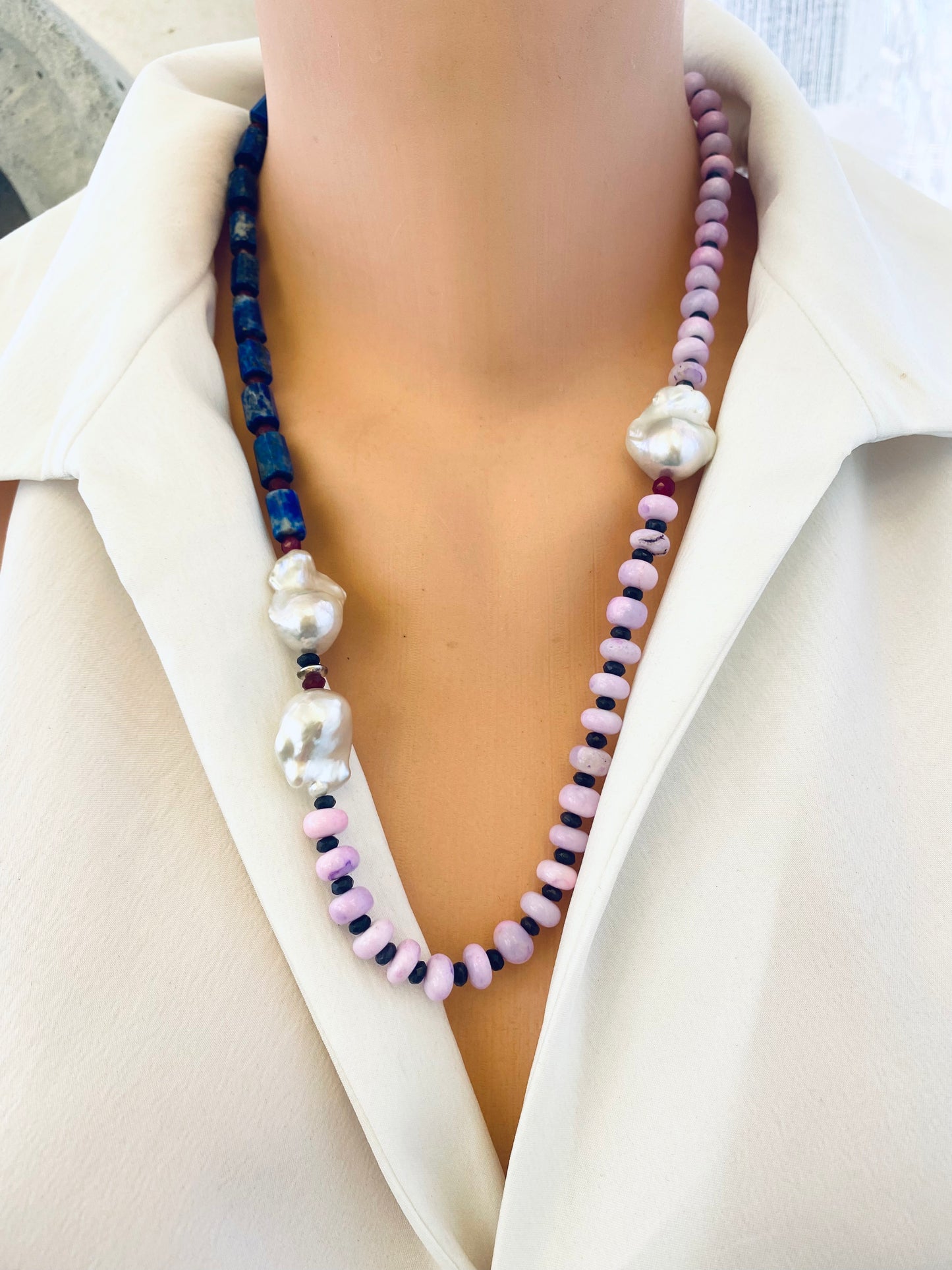 Lapis lazuli opal agate pearl necklace on mannequin — front view of handcrafted gemstone and baroque pearl jewelry by Loulia Pearl Jewelry
