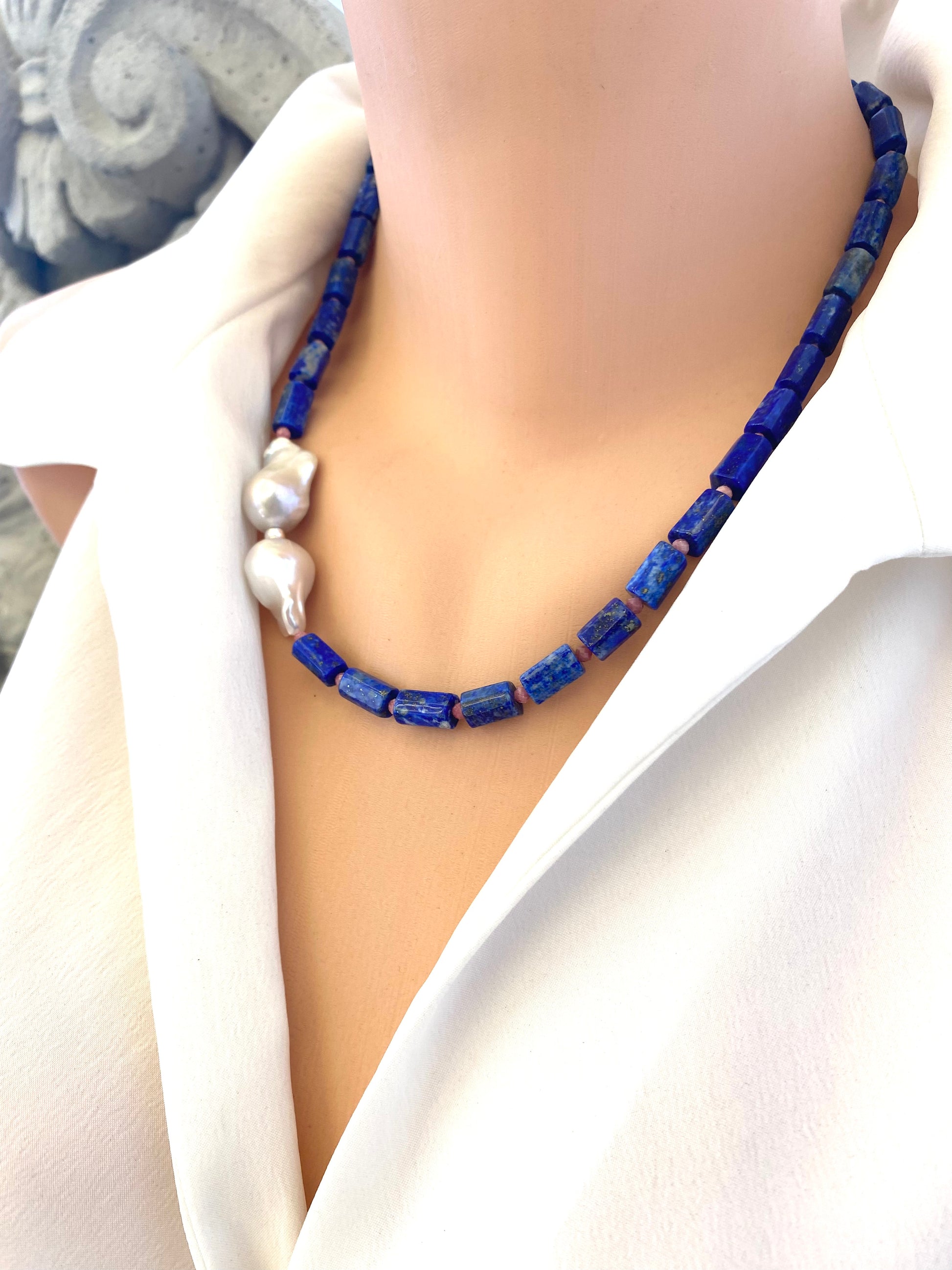 Side view of Lapis Lazuli Pink Rhodonite Baroque Pearl Necklace on mannequin — elegant handcrafted gemstone jewelry by Loulia Pearl Jewelry