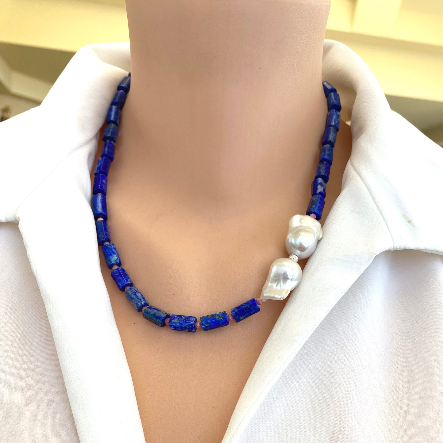 Lapis Lazuli Pink Rhodonite Baroque Pearl Necklace on mannequin — deep blue and pink gemstone necklace handcrafted by Loulia Pearl Jewelry