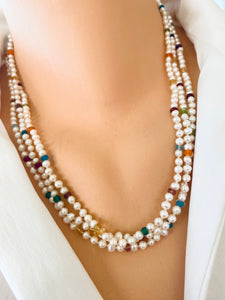 Rainbow Gemstones & Pearl Necklace, Ruby, Citrine, Aquamarine, Pink Tourmaline, Amethyst, Peridot, Apatite, 20.5"in