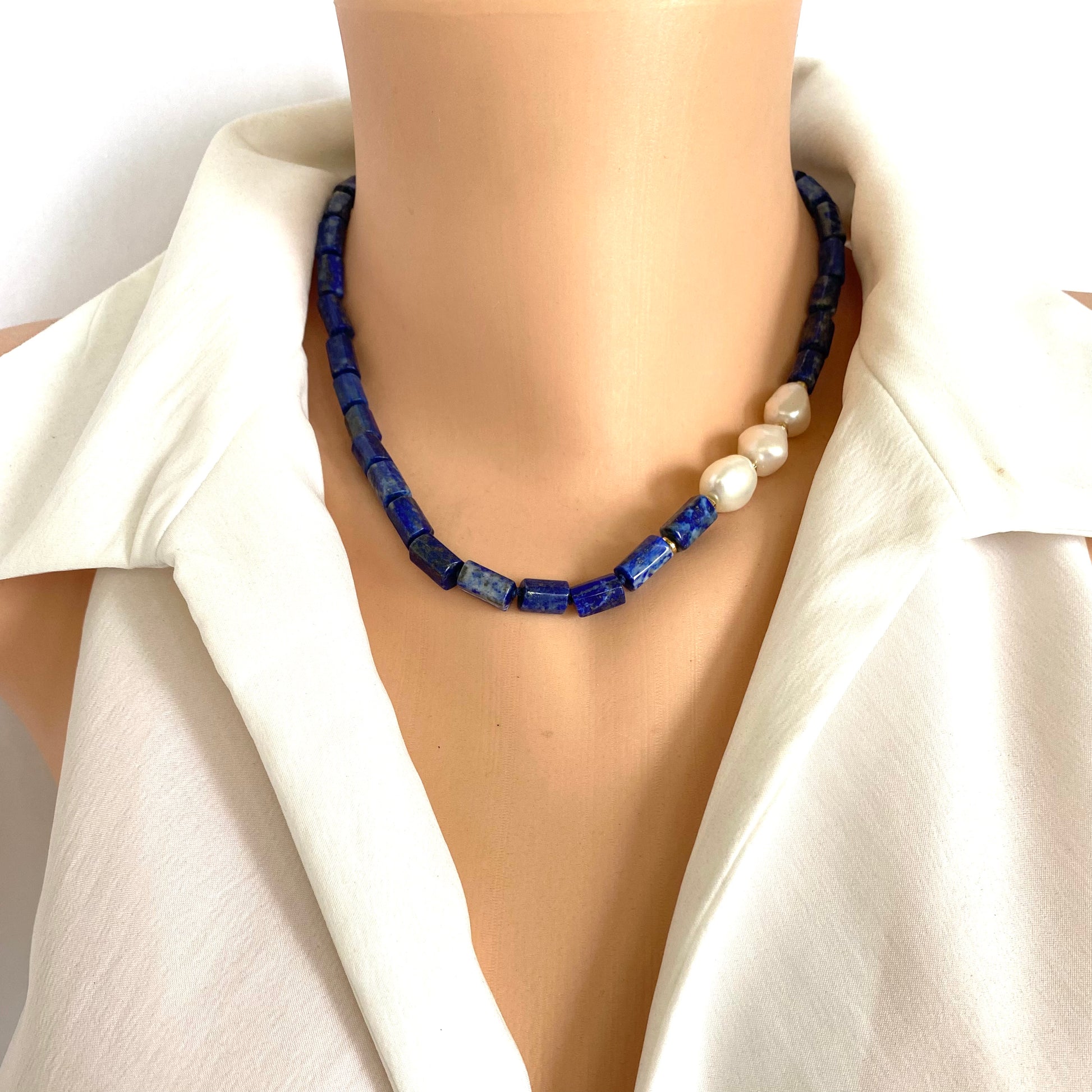 Lapis lazuli pearl necklace worn on neck with deep blue tube beads and freshwater pearls, handmade in Canada