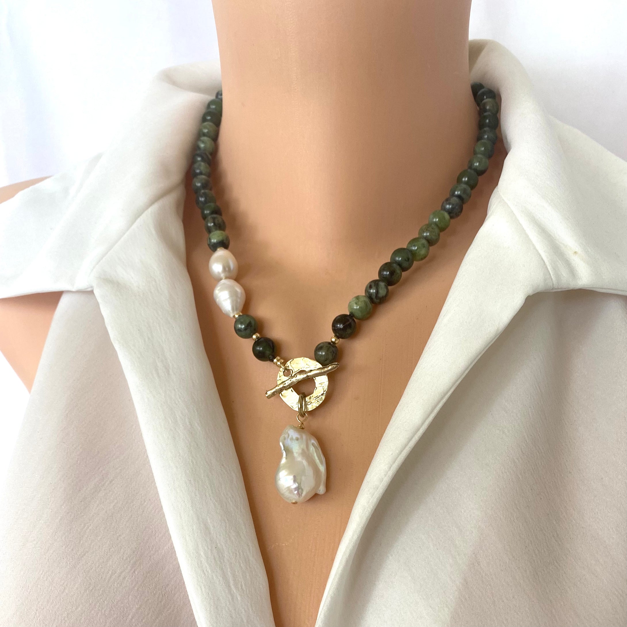 Green Jade & Baroque Pearl Toggle Necklace