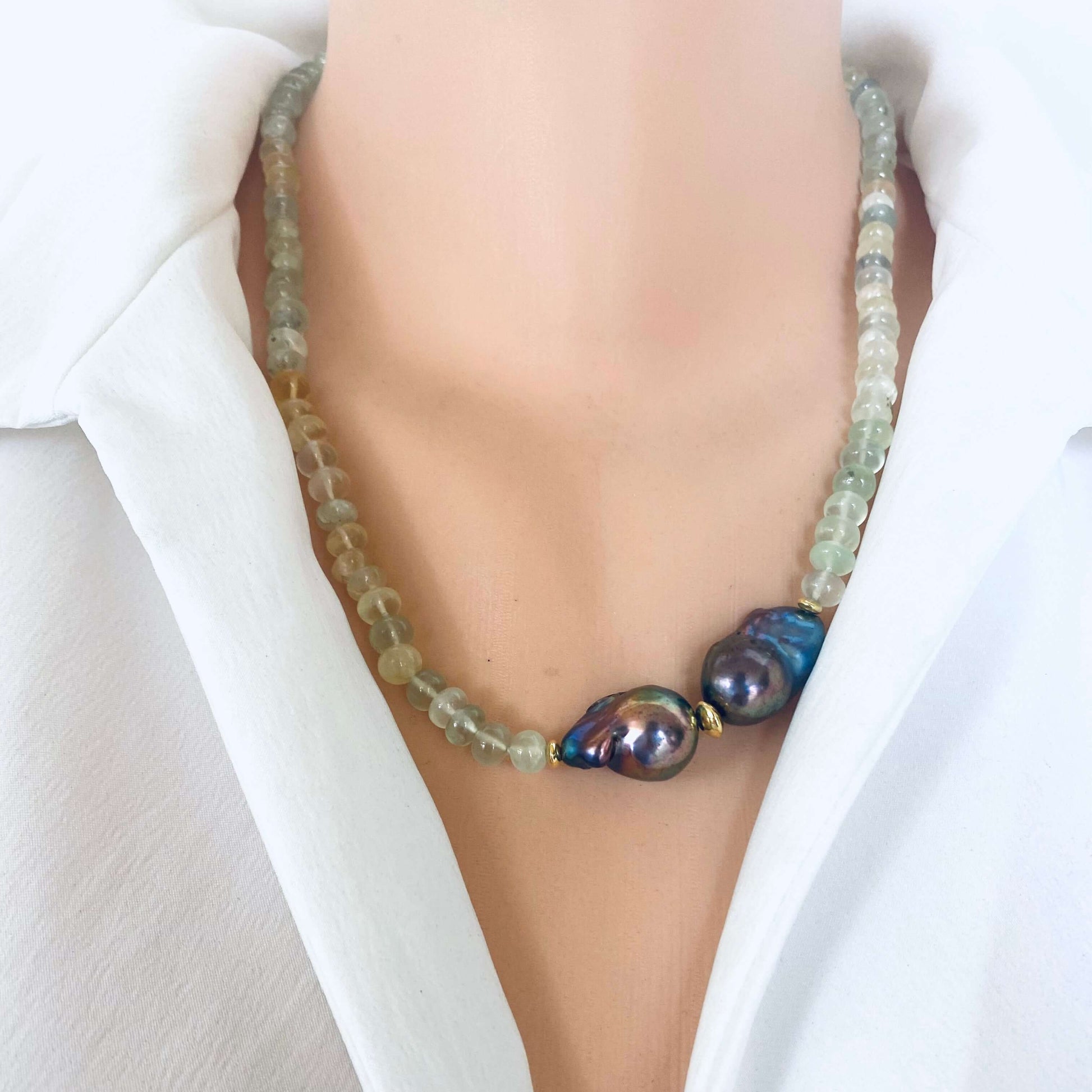 Prehnite and Black Baroque Pearl Necklace showcasing translucent green prehnite beads and bold baroque pearls.