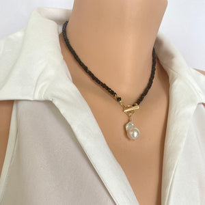 Black Tourmaline Choker Necklace & Pearl Charm