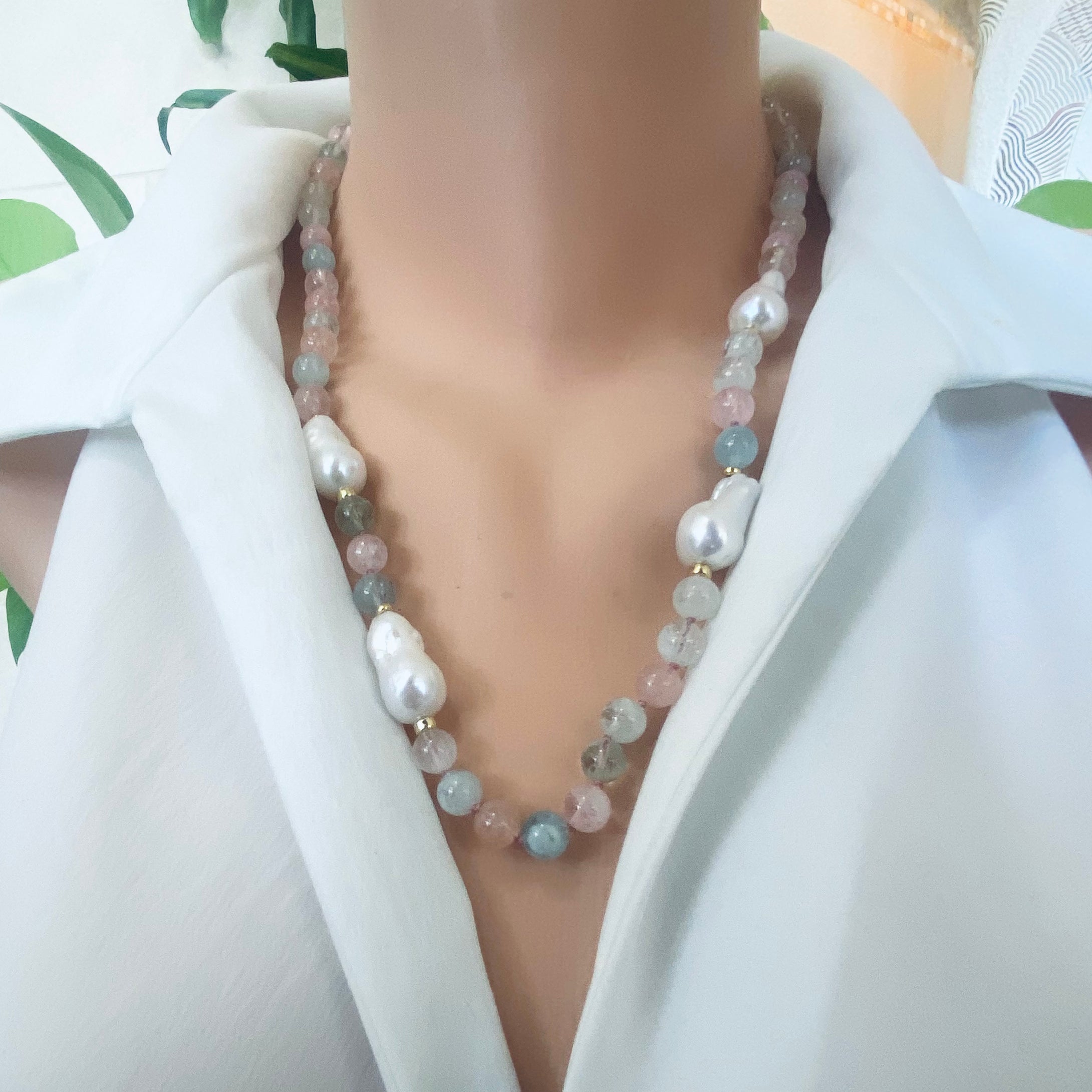 Morganite, Aquamarine & Baroque Pearl Statement Necklace