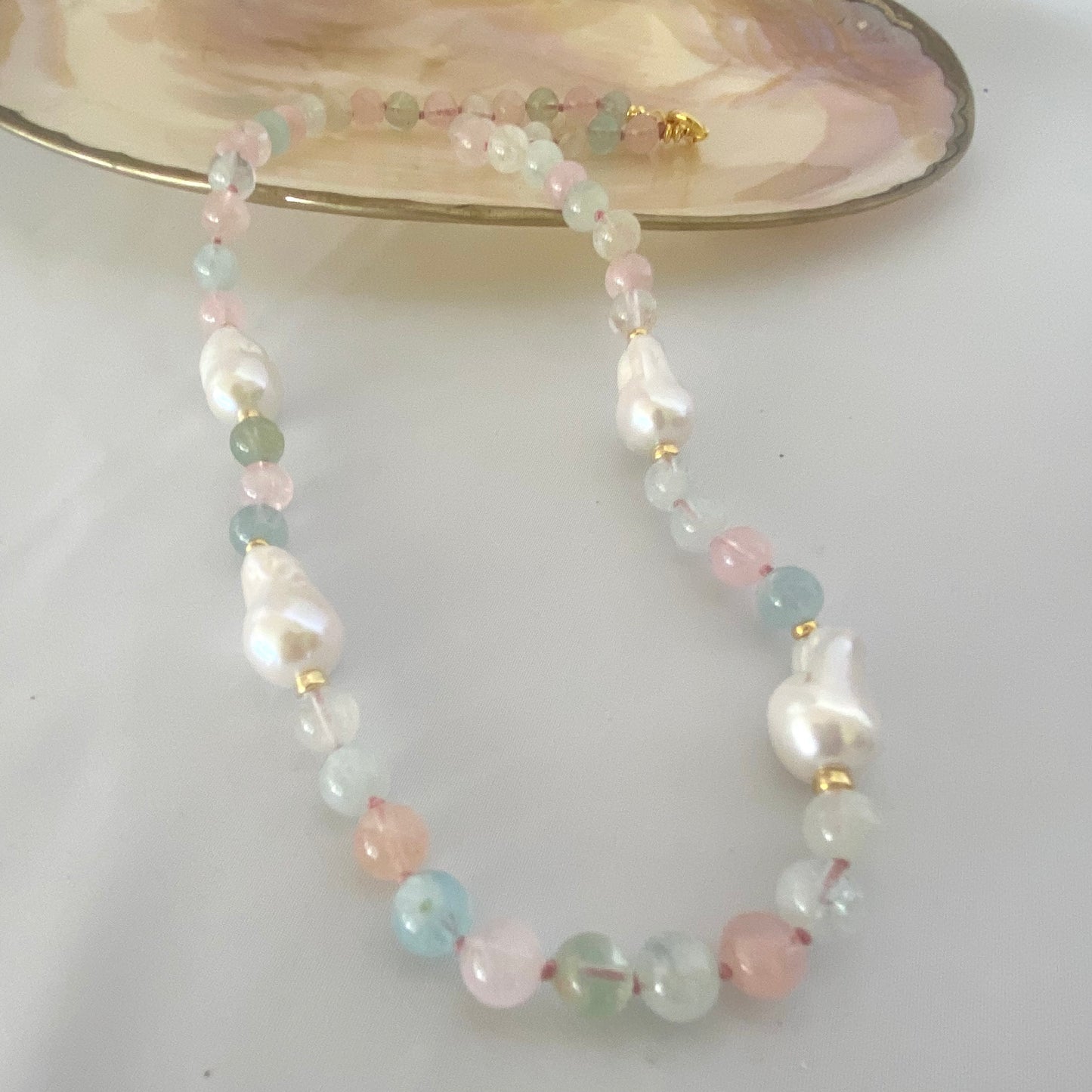 Morganite Aquamarine Pearl Necklace | Handcrafted Statement Design featuring soft hues and gemstones.
