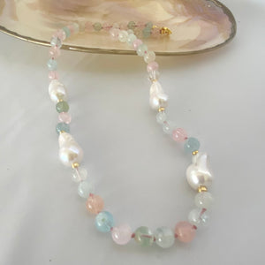 Morganite, Aquamarine & Baroque Pearl Statement Necklace
