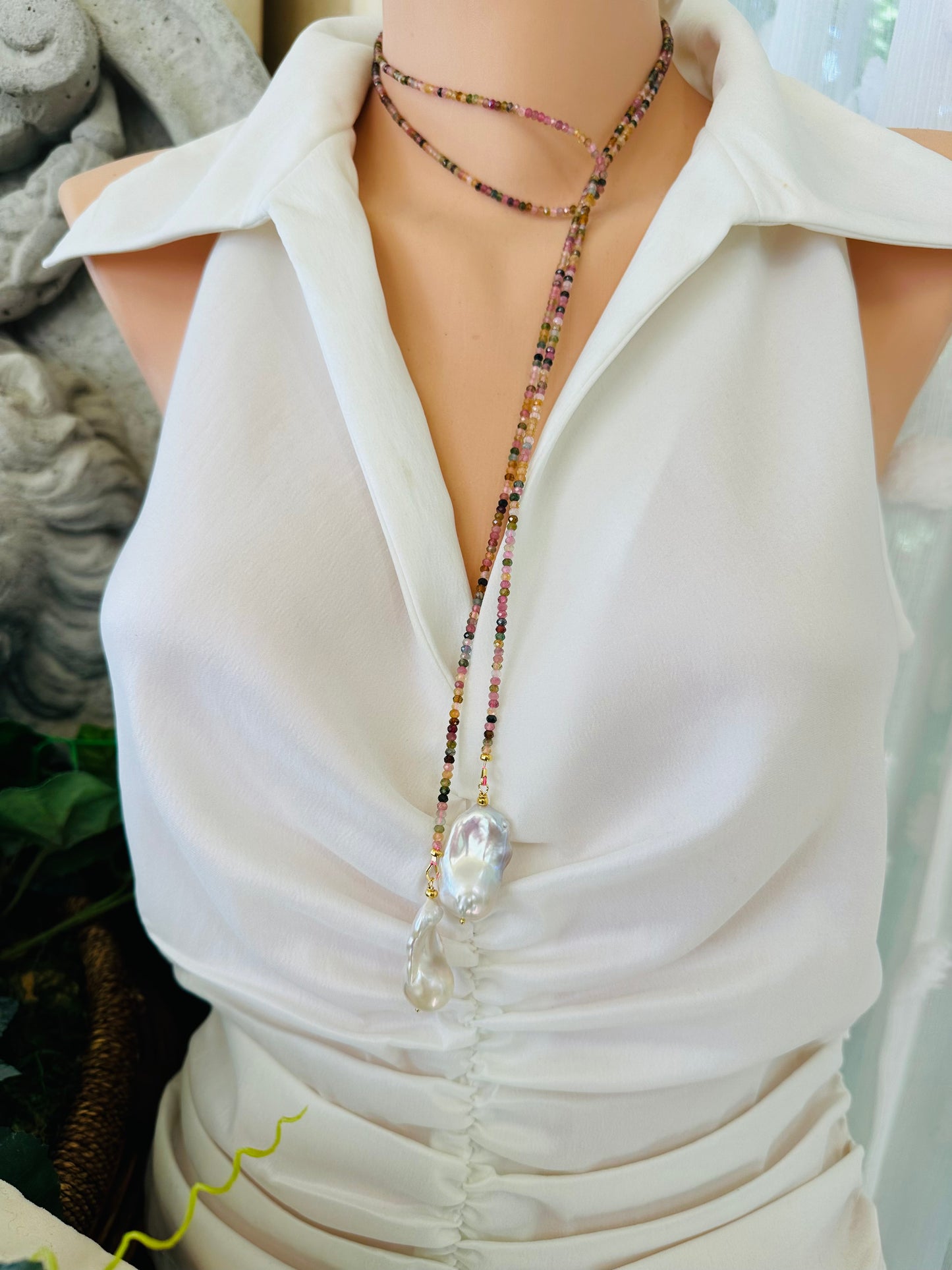 Full view of Multi Tourmaline Baroque Pearl Lariat Necklace displayed on mannequin — long handcrafted gemstone jewelry by Loulia Pearl Jewelry