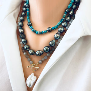 December Birthstone Gemstone Necklace: Arizona Turquoise & Tahitian Pearl, 19.5 inches