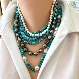 19.5-inch Arizona Turquoise & Tahitian Pearl Necklace featuring a Gold Vermeil Clasp