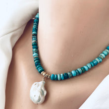 Cargar imagen en el visor de la galería, December Birthstone Jewelry: Arizona Turquoise &amp; Baroque Pearl Pendant Choker Necklace, 16 inches

