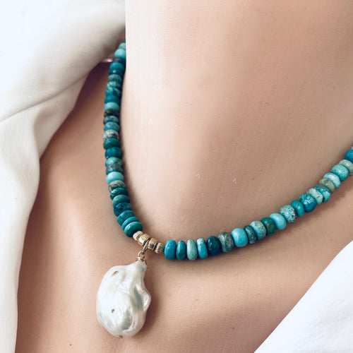 December Birthstone Jewelry: Arizona Turquoise & Baroque Pearl Pendant Choker Necklace, 16 inches