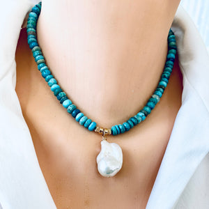 Arizona Turquoise & Freshwater Baroque Pearl Short Necklace, 16"in, Gold Filled Details, December Birthstone