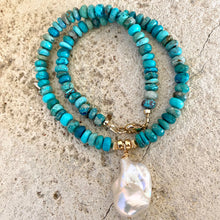 Cargar imagen en el visor de la galería, Elegant Choker Necklace with Arizona Turquoise &amp; Freshwater Baroque Pearl Pendant, Gold Filled, 16 inches
