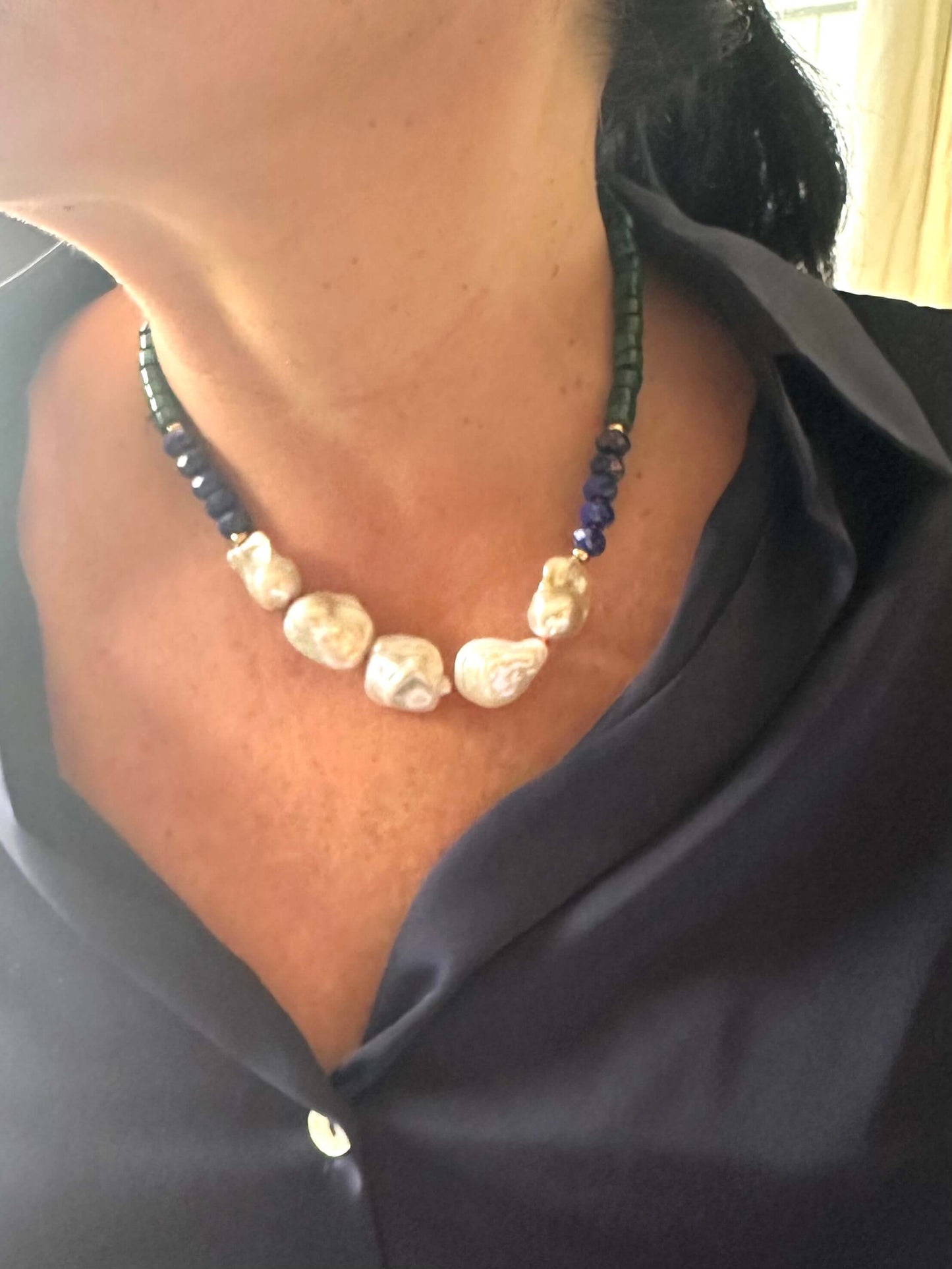Malachite Lapis Lazuli Baroque Pearl Necklace worn by model, elegant handcrafted gemstone necklace made in Canada.