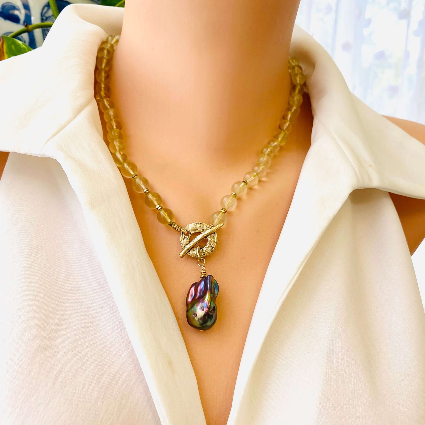 LIVE #3 - Lemon Quartz Pearl Necklace with Baroque Pearl Pendant showcasing artisan craftsmanship and vibrant lemon quartz.