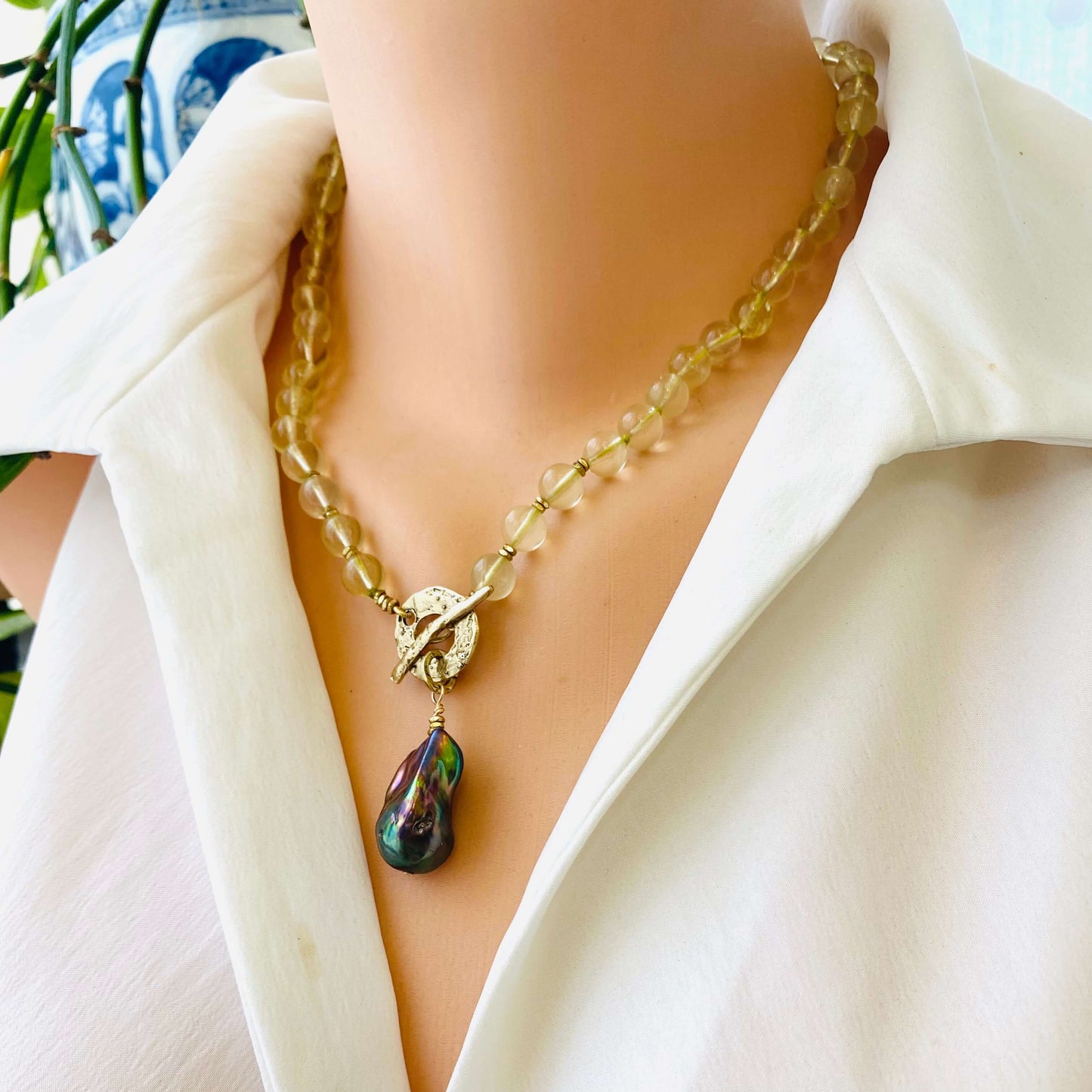 LIVE #3 - Lemon Quartz Pearl Necklace with Baroque Pearl Pendant displayed on a mannequin.