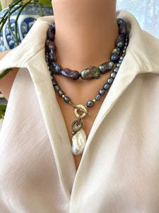 Black Pearl Toggle Necklace & White Baroque Pearl Pendant