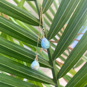 Larimar Briolettes Threader Earrings, Gold Vermeil Plated Silver Chain Earrings