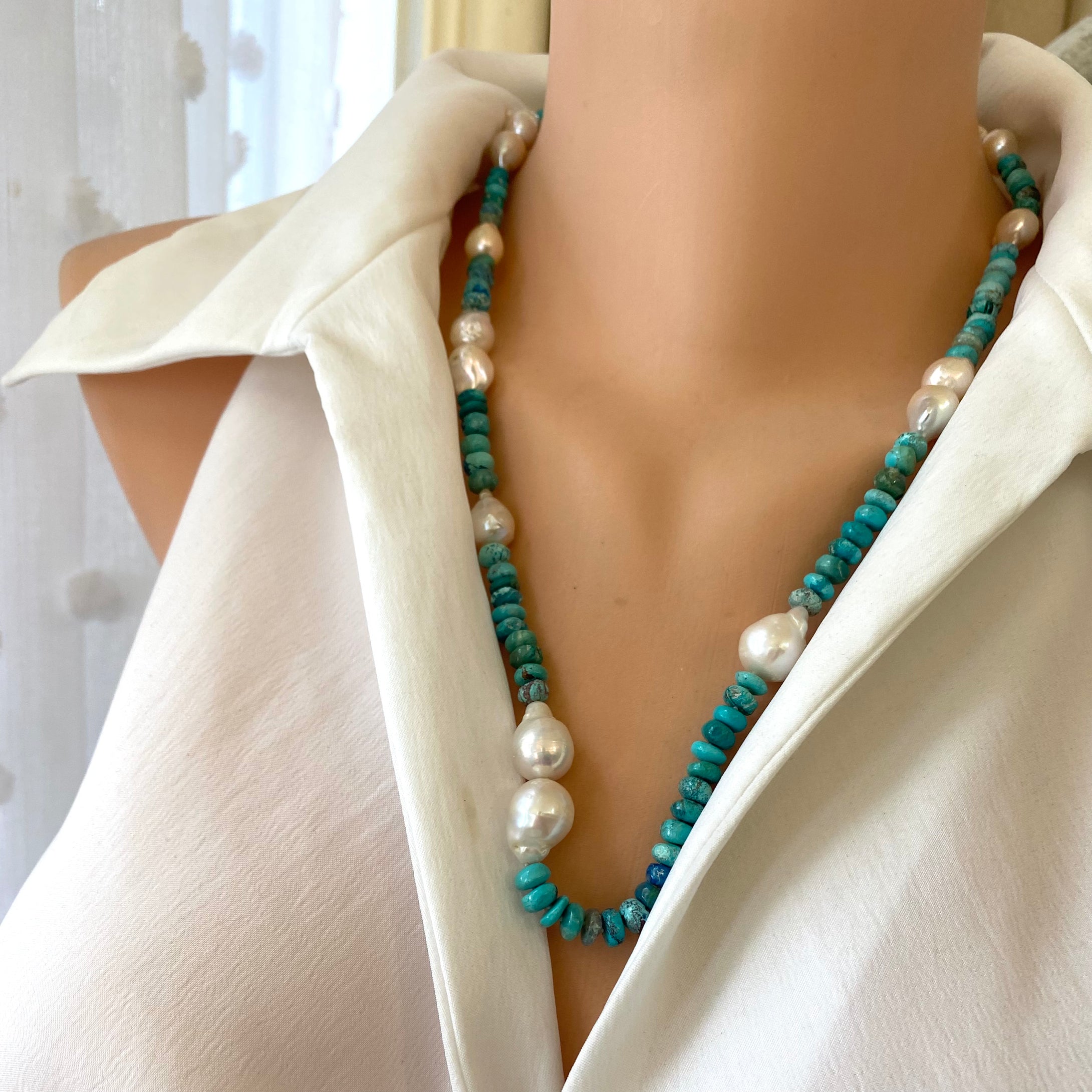 Hand Knotted Arizona Turquoise and Fresh Water Baroque Pearl Necklace, Silver Marine Clasp, 23
