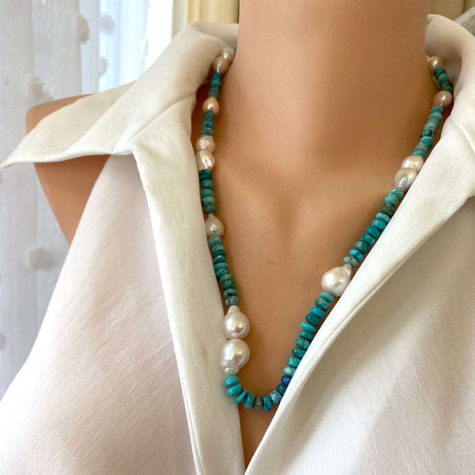 Hand Knotted Arizona Turquoise and Fresh Water Baroque Pearl Necklace, Silver Marine Clasp, 23