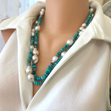 Carica l&#39;immagine nel visualizzatore di Gallery, 2 Hand Knotted Arizona Turquoise and Fresh Water Baroque Pearl Necklace, Silver Marine Clasp, 23&quot;inches,

