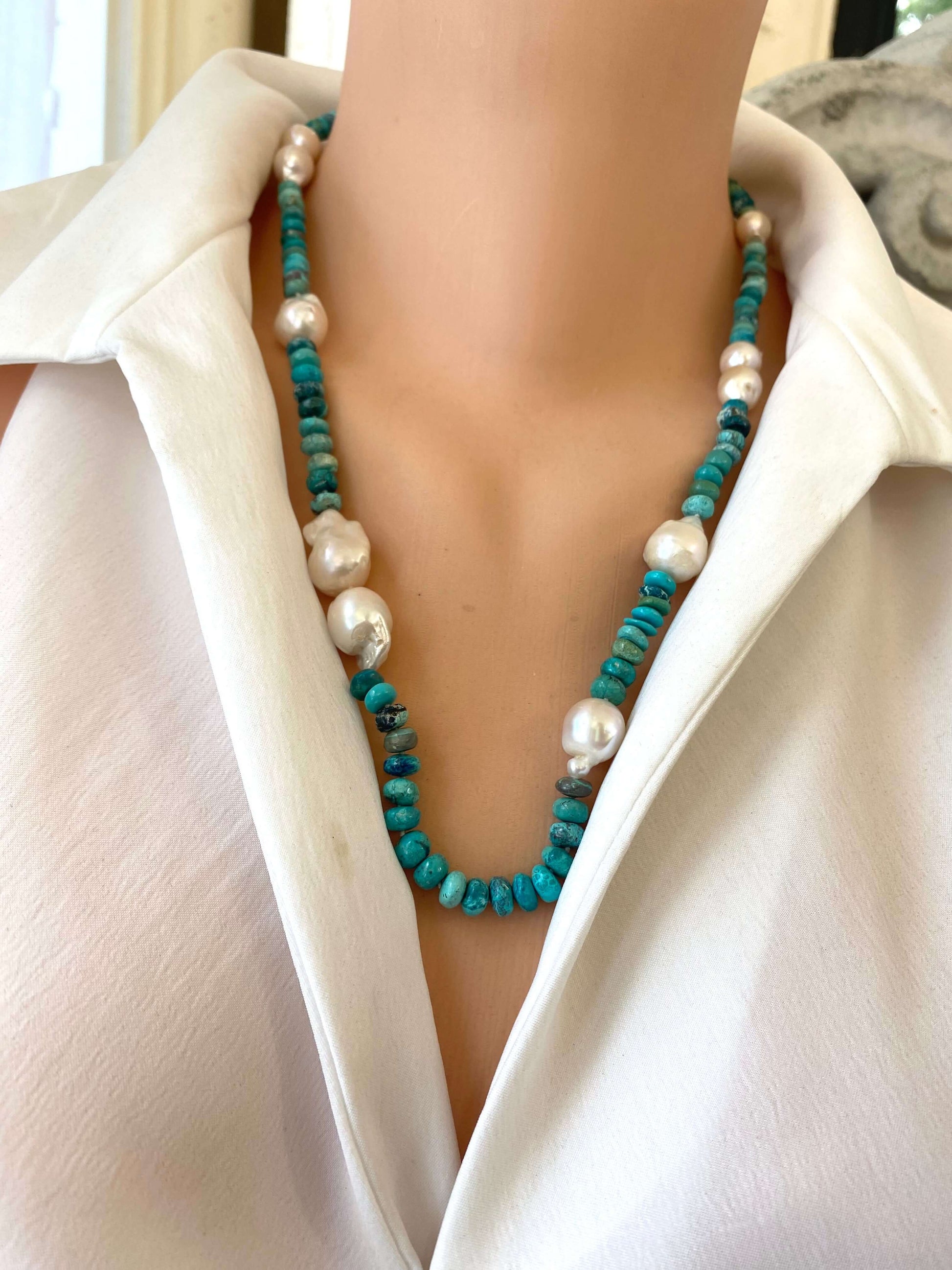 Arizona turquoise pearl necklace showcasing handcrafted baroque design with turquoise rondelle beads and pearls.