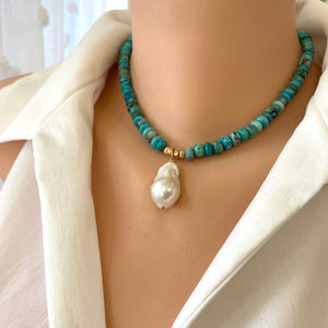 Arizona Turquoise & Baroque Pearl Short Necklace, 14k GF