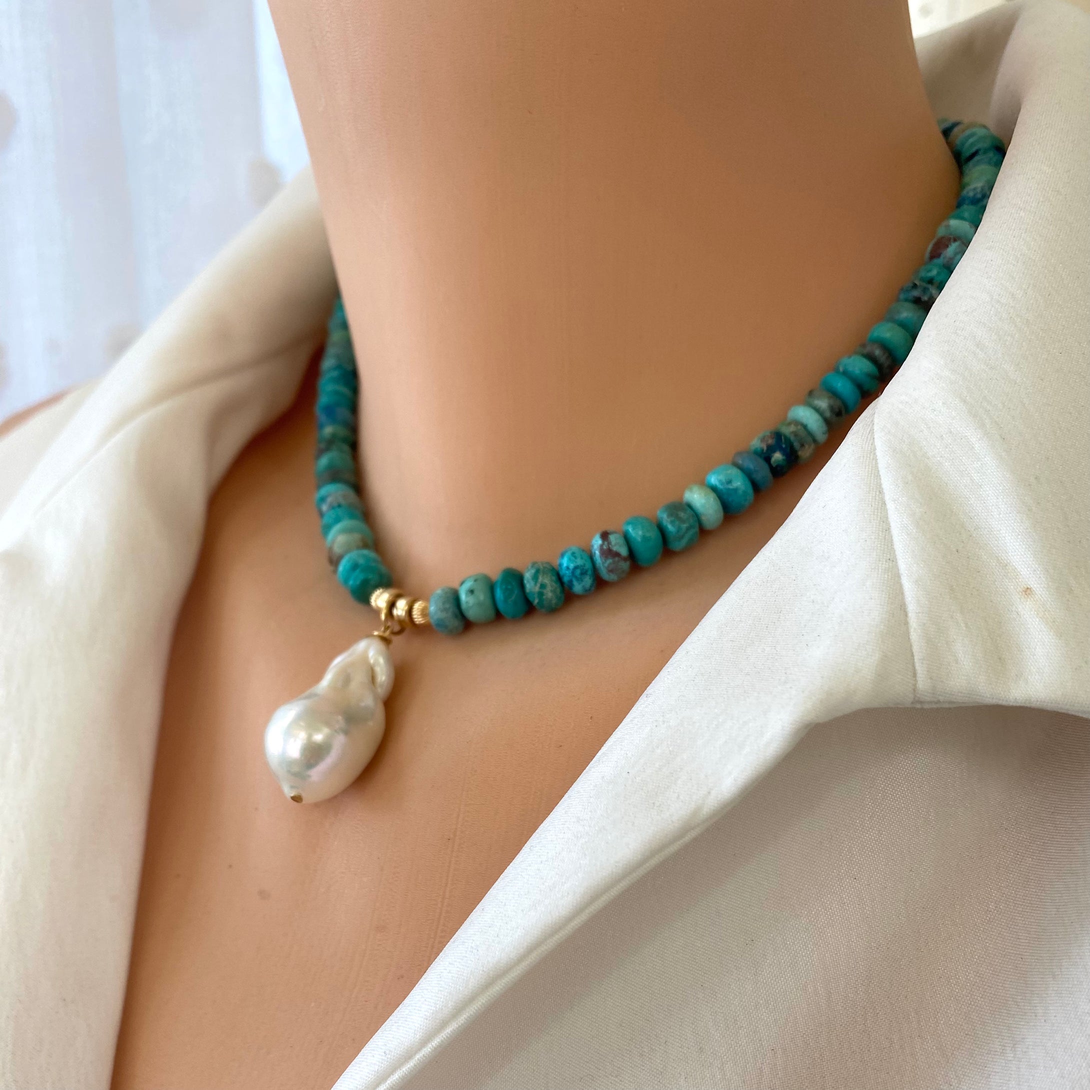 Arizona Turquoise & Baroque Pearl Short Necklace, 14k GF
