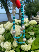 Carica l&#39;immagine nel visualizzatore di Gallery, Hand Knotted Arizona Turquoise and Fresh Water Baroque Pearl Necklace, Silver Marine Clasp, 23&quot;inches,
