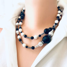 Cargar imagen en el visor de la galería, Handcrafted Labradorite Onyx Pearl Long Necklace showcasing a blend of gemstones on a mannequin.
